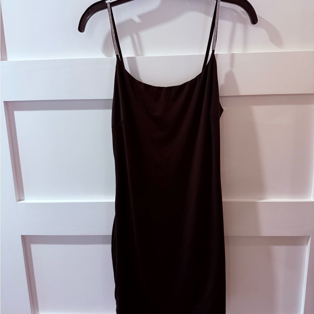 Y2K IRIS silky stretch Black bodycon Slip Dress size large rhinestone straps